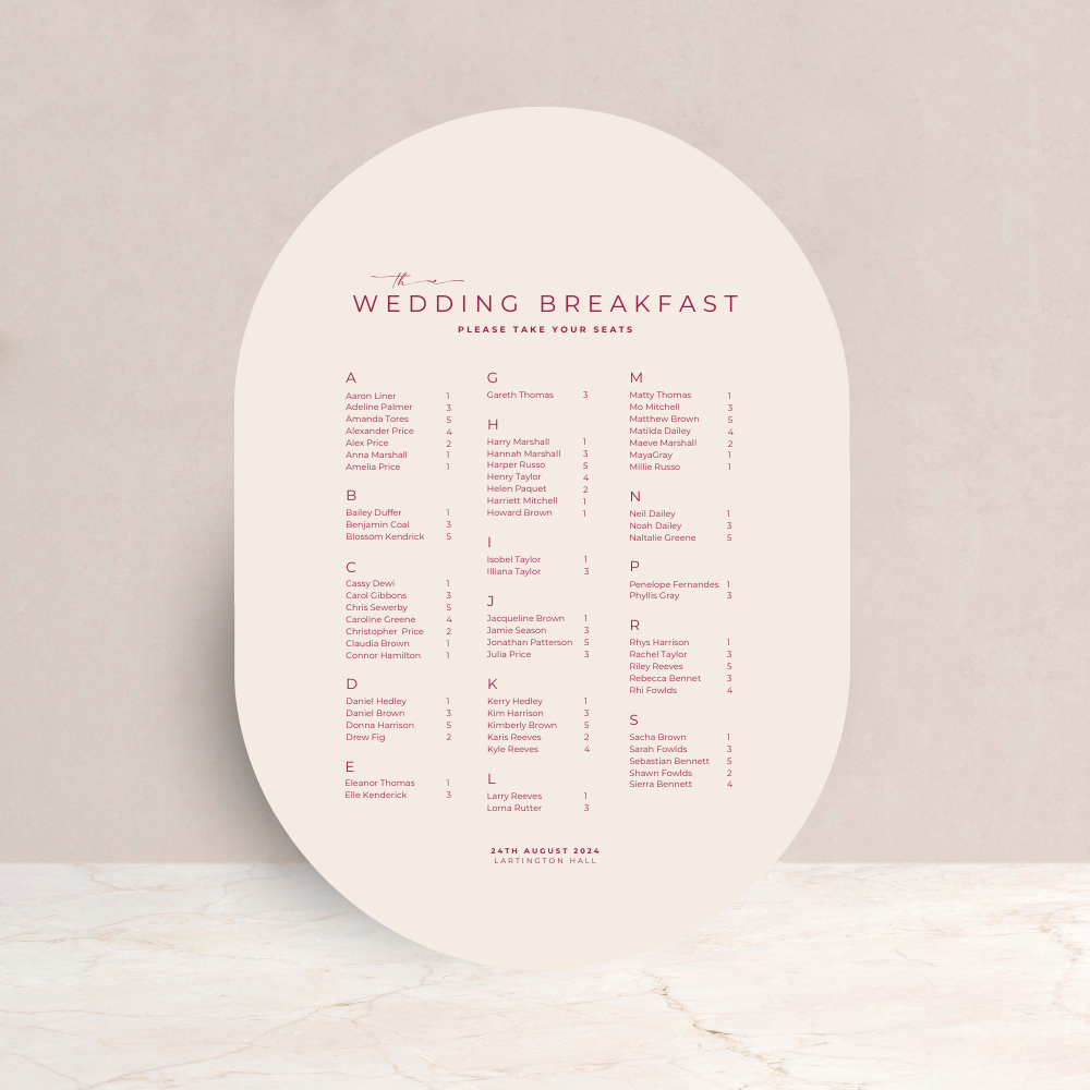 Ruby Wedding Table Plan Sign - The Ivy Collection | Luxury Wedding Stationery