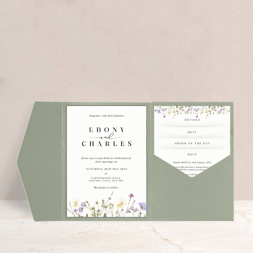 EBONY Wildflower Wedding Luxury Pocketfold Invitation - Wedding Invitations available at The Ivy Collection | Luxury Wedding Stationery