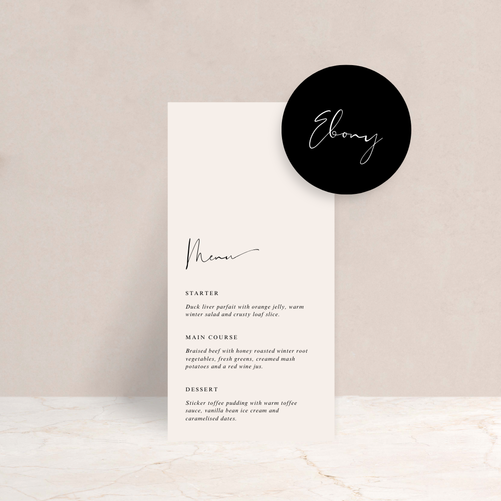 Ebony Wedding Menu and Place Card Set